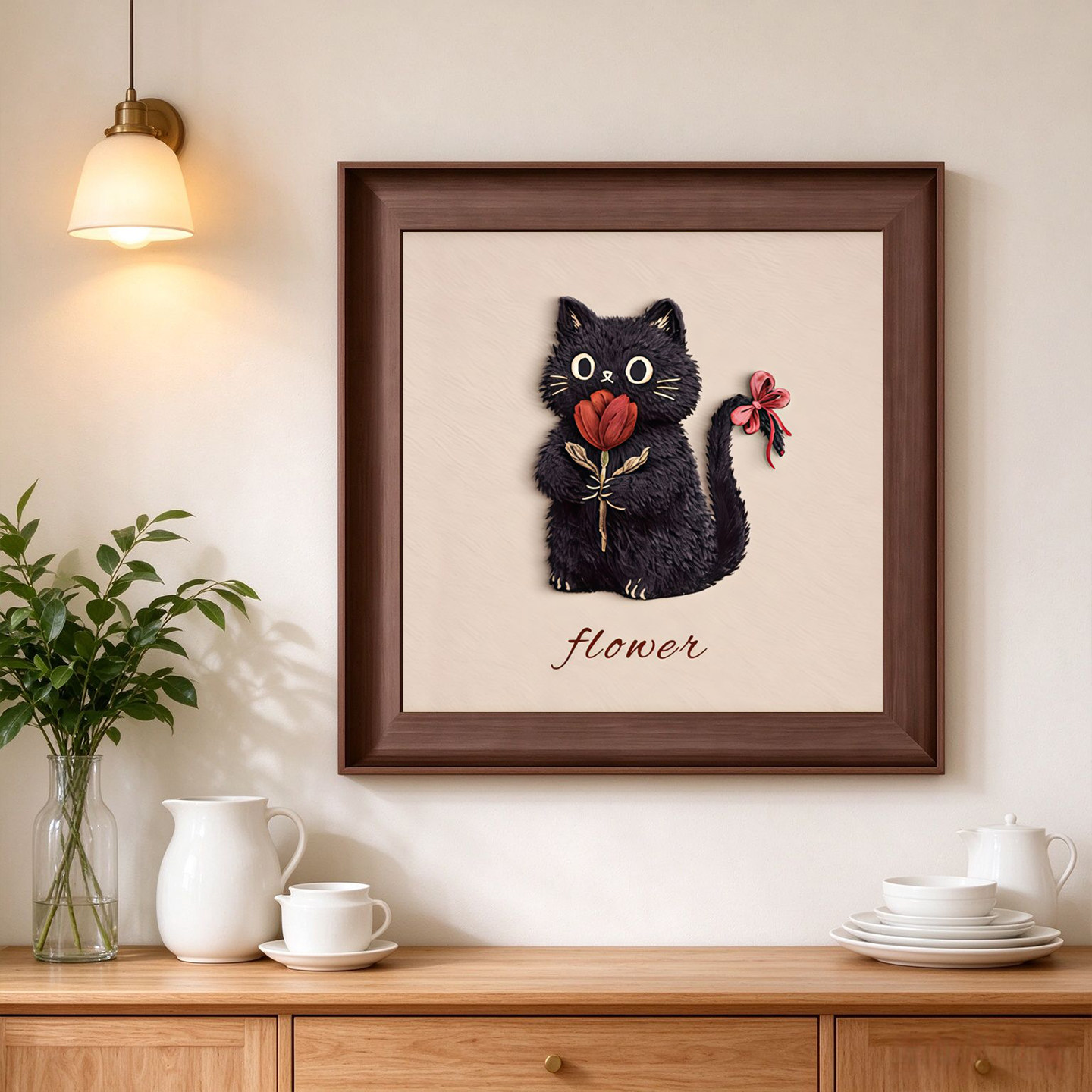 治愈可爱黑猫创意挂画蝴蝶结小猫手持红花艺术画入户背景墙装饰画