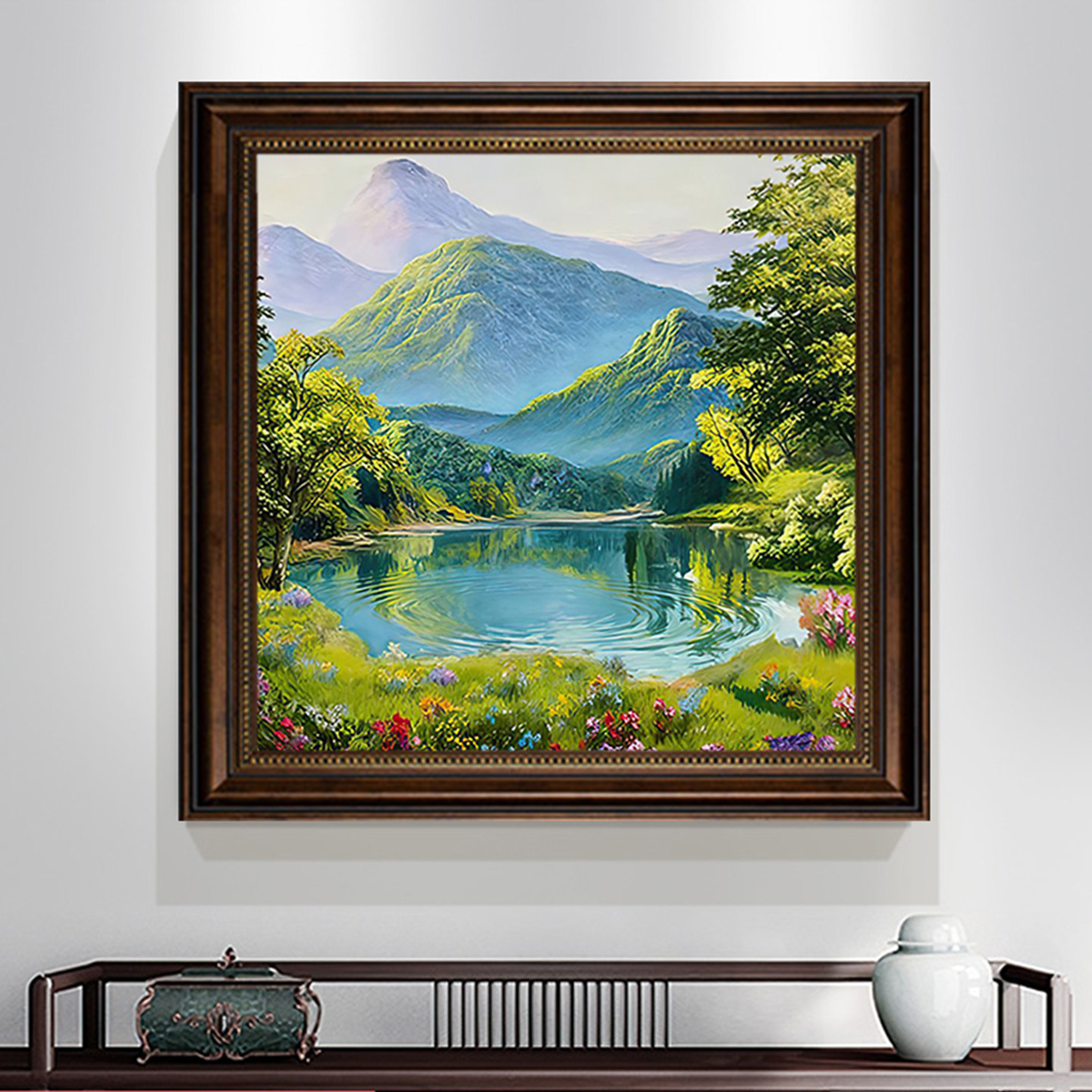 聚宝盆山水装饰画森林风景入户门玄关挂画背有靠山餐厅卧室壁画