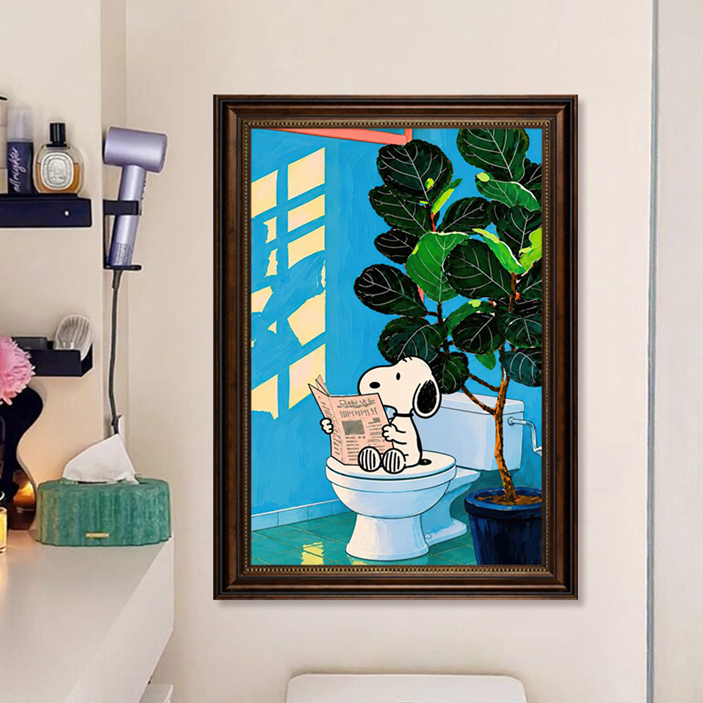 彩色卡通史努比厕所挂画绿植背景趣味洗手间装饰画复古墙壁装饰