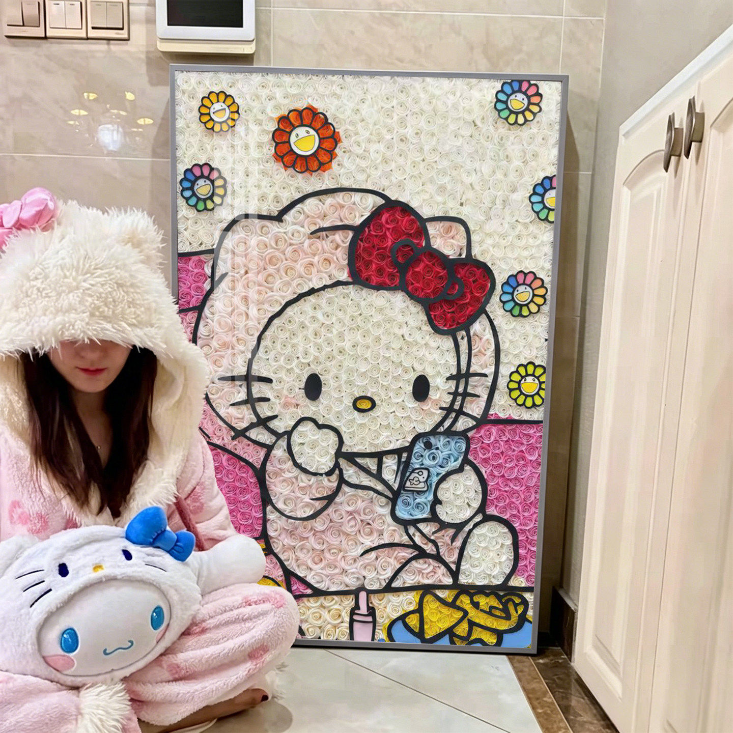 网红凯蒂猫粉色少女风装饰画治愈卡通玄关客厅落地壁画儿童房挂画