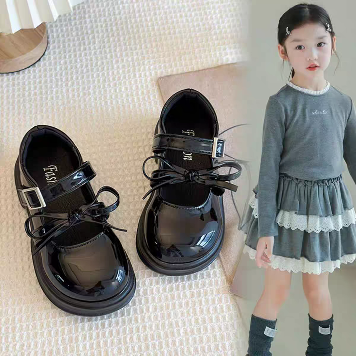 真皮儿童学院风蝴蝶结小皮鞋2025新款韩版中大女童魔术贴公主鞋子
