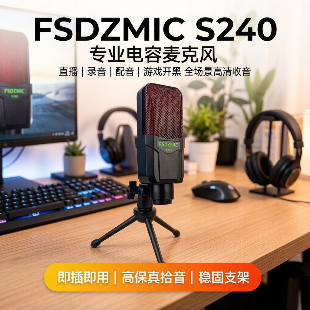 直播录音K歌麦克风S240电容话筒电脑手机声卡直播唱歌专用有线麦