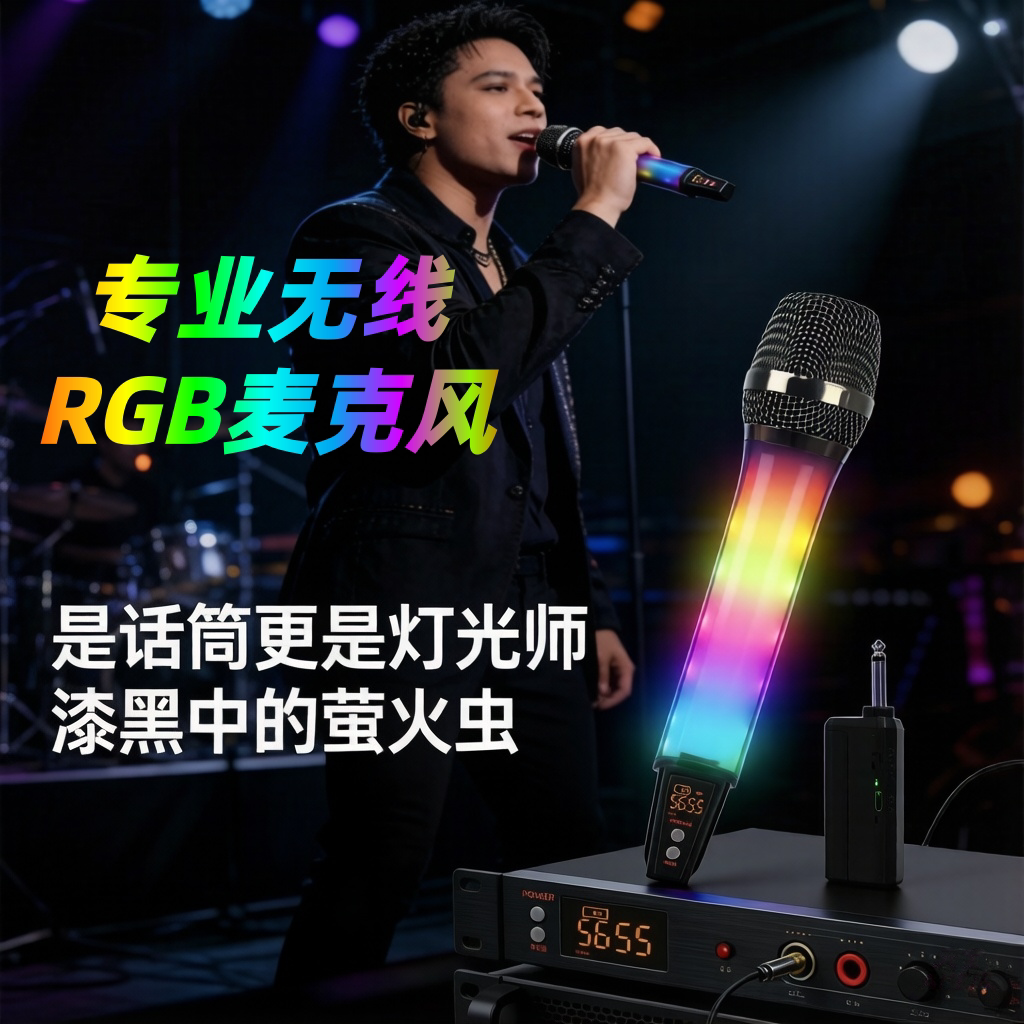 无线手持K歌动圈麦克风RGB灯效户外演出家庭唱歌发光连接音箱话筒