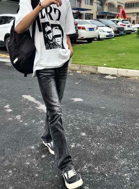 美式高街vibe风重磅水洗黑灰vintage517质感微喇弹力修身牛仔裤男