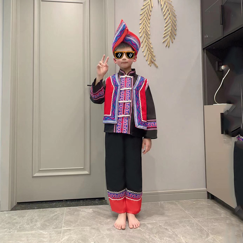 广西三月三儿童民族服装男壮族服饰苗族男童瑶族演出服装棉布衣服