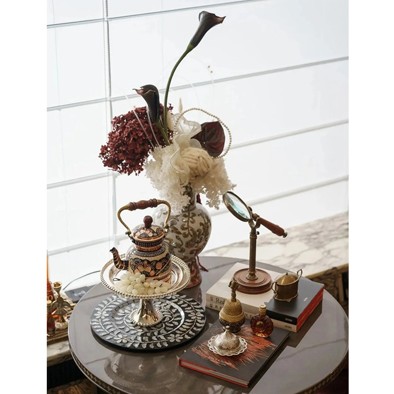 中古法式风样板间客厅手工雕花壶黄铜放大镜果盘创意摆件桌面装饰,家居饰品,家饰软装搭配套装,淘宝优惠券,粉丝福利购,淘宝优惠卷
