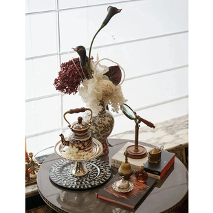 中古法式 饰 风样板间客厅手工雕花壶黄铜放大镜果盘创意摆件桌面装