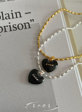 嘉兴银家s925纯银韩式小众气质luck幸运黑色滴釉爱心米粒项链女