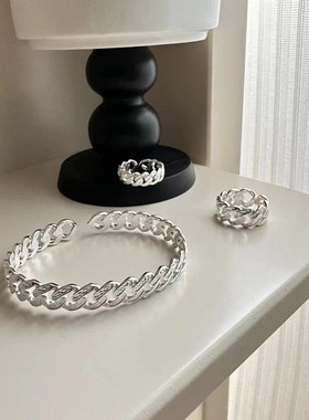 嘉兴银家s925纯银唐草纹镂空手镯韩版ins高级感环环相扣设计戒指