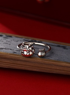 嘉兴银家s925纯银龙年戒指生肖龙太子福袋开口戒做旧高级感指环