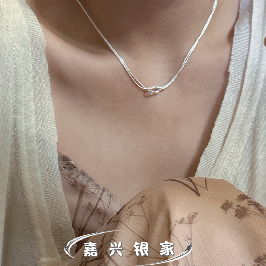 嘉兴银家s925纯银韩版小众高级双层打结蛇骨项链精致ins风锁骨链