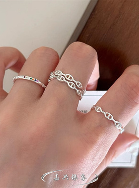 嘉兴银家s925纯银简约气质镂空猪鼻子戒指女ins风可叠戴开口指环