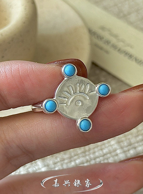 嘉兴银家s925纯银小众设计感复古绿松石戒指女韩式风复古简约指环