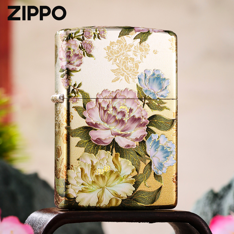 zippo打火机正品 芍药镀银彩印芝宝官方防风煤油送男朋友高端礼物