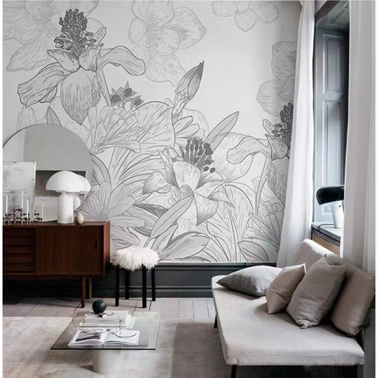 3d简约插画艺术墙纸北欧客厅电视背景墙黑白花卉墙布沙发卧室壁纸