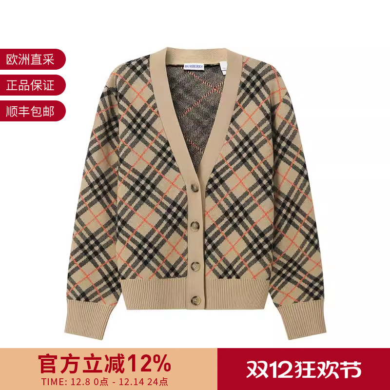 博柏利女士长袖羊绒衫针织开衫