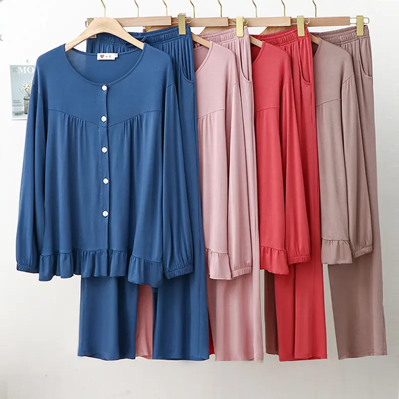 春夏长袖开衫睡衣女薄款大码宽松胖mm两件套休闲家居服套装