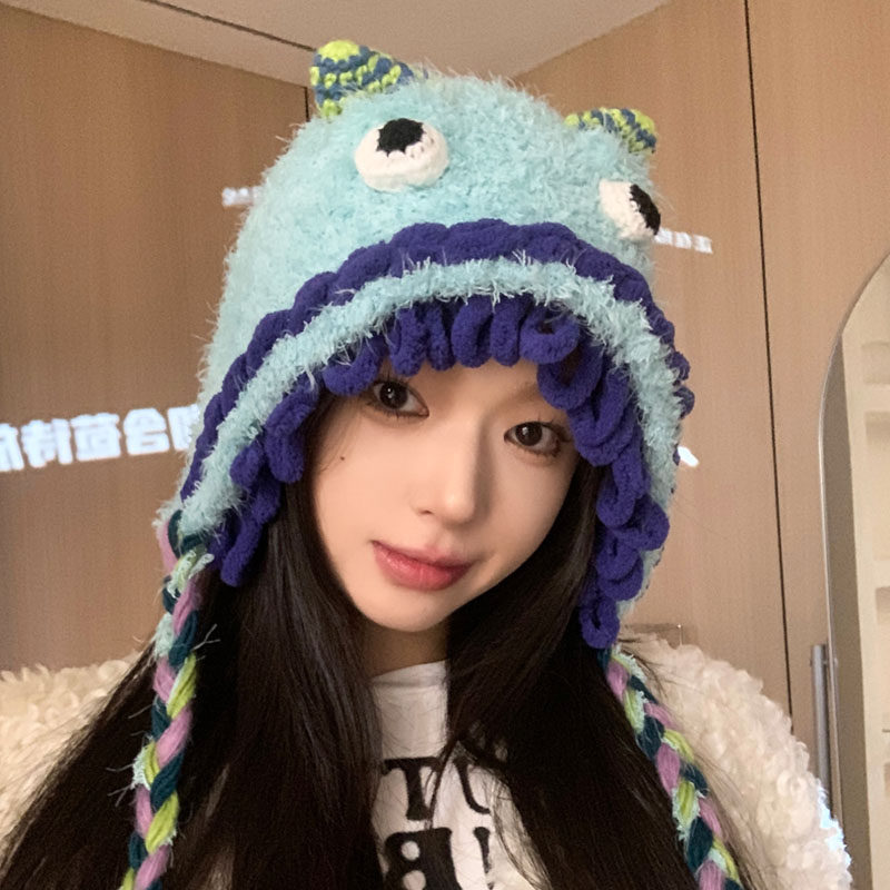 冬季保暖护耳可爱甜美出游雷锋帽针织减龄拼色韩系毛绒毛线帽子女