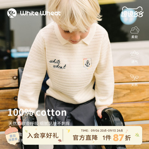 whitewheat刺绣船锚绣标拼色毛衣