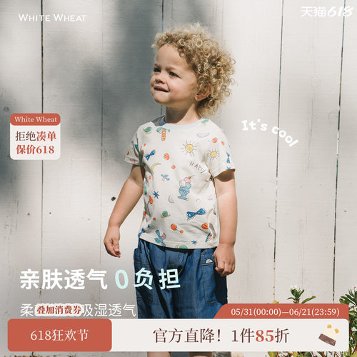whitewheat椰树飞鸟HAPPY印花T恤