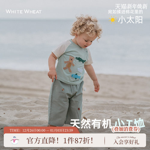 whitewheat圆领短袖t恤卡通贴布