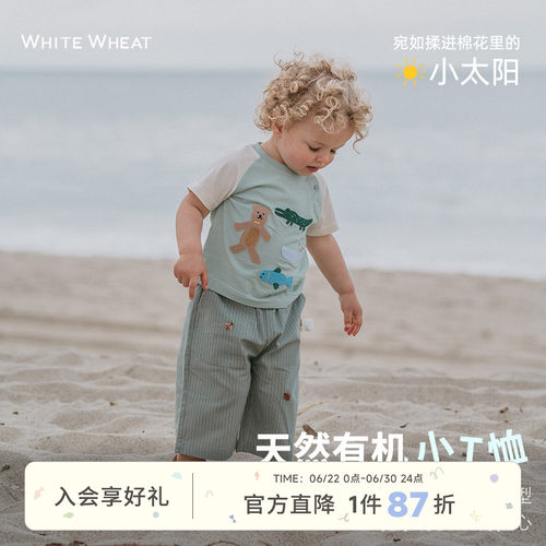 whitewheat圆领短袖t恤卡通贴布
