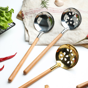 304不锈钢木柄火锅勺子日韩式料理勺迷你拉面汤勺盛汤勺漏勺汤匙