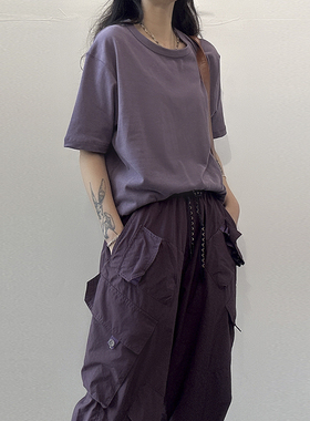 NZ 复古紫色短袖T恤300克重磅磨毛棉男女春夏秋出口外贸宽松上衣