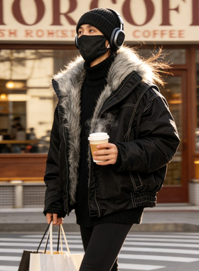 逆壳中性座山雕毛领羽绒服美式复古着风男女款短款休闲潮酷厚外套