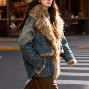 逆壳中性美式复古拼接牛仔毛领棉服女古着风保暖潮酷摇滚棉衣外套