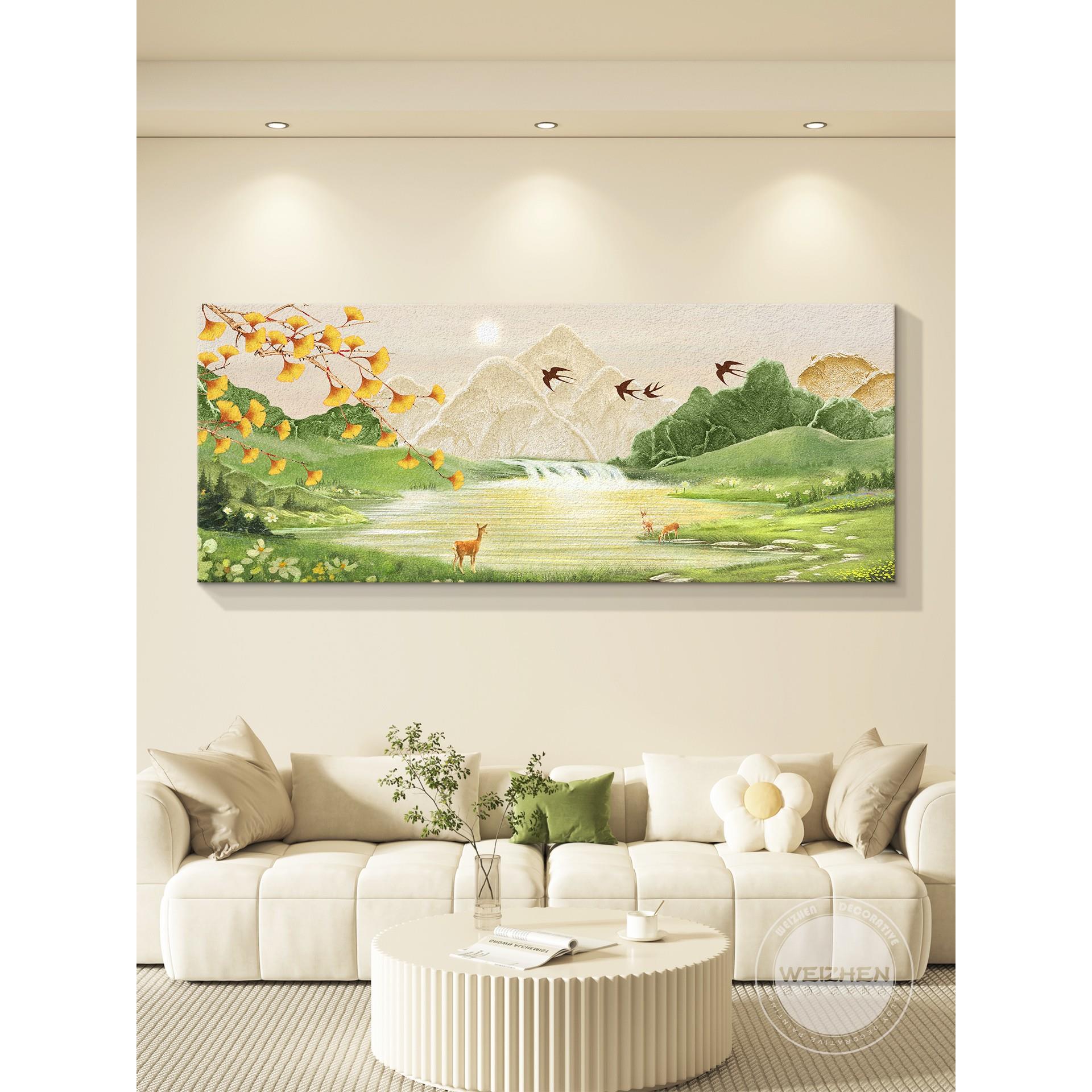 奶油风轻奢客厅日照金山砂岩挂画图片