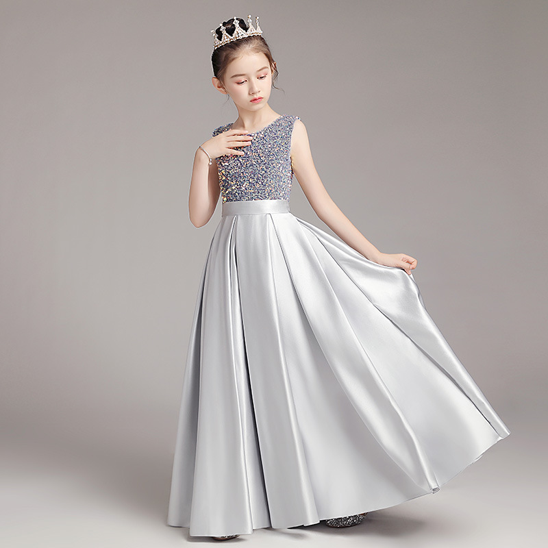 女童钢琴比赛晚礼服演出服公主裙儿童主持人灰色幻彩收腰表演服装