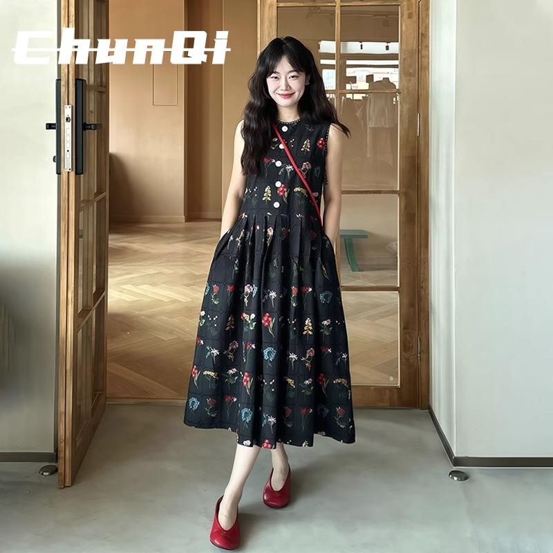 淳启高级感复古绣花无袖连衣裙女夏季大码女装时尚宽松黑色背心裙