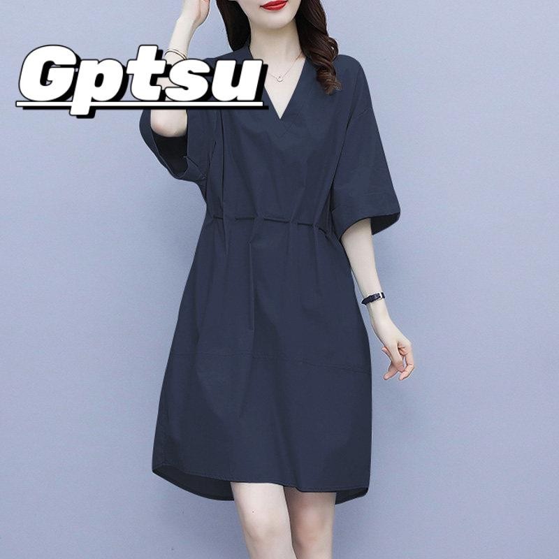 GPTSu时尚大码女装夏季宽松连衣裙洋气胖MM宽松腰系带衬衫中长裙