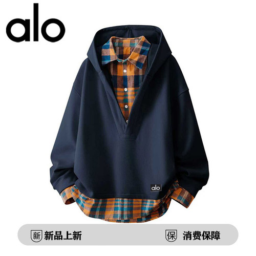 官方奥特莱斯美式复古拼接格子假两件外套男女秋冬季情侣装卫衣