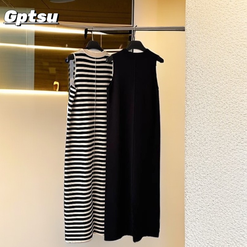 GPTSu女款爆款宽松显瘦新款夏季直筒裙黑色长裙无袖高级连衣裙