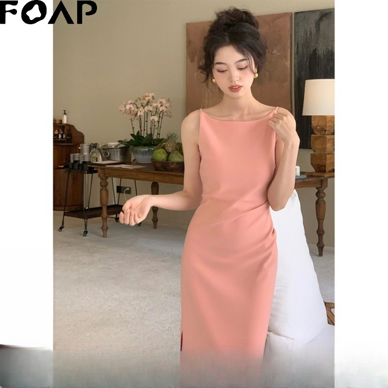 FOAP法式一字领收腰开衩连衣裙女夏季高级感气质显瘦礼服吊带裙子