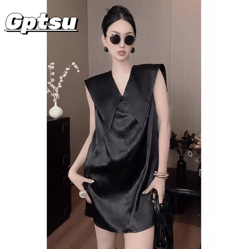 GPTSu女款轻奢宽松显瘦气质法式夏季高级黑色无袖连衣裙衣服裙子