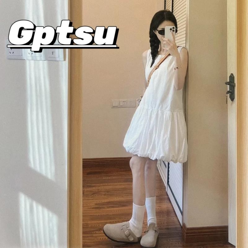 GPTSu法式白色无袖背心吊带连衣裙子女2025新款小个子花苞蓬蓬裙