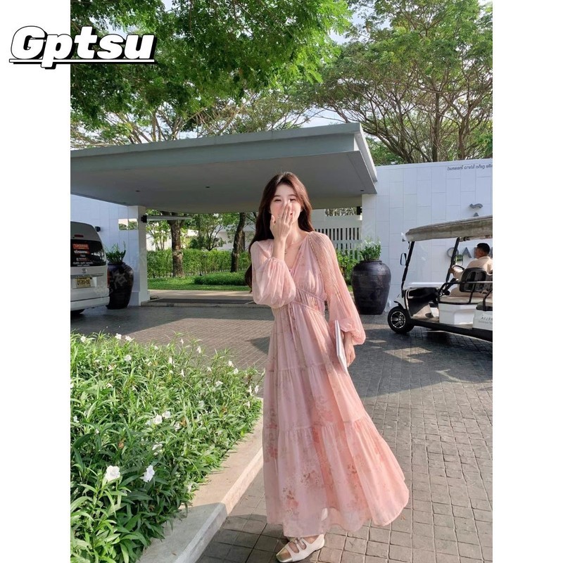 GPTSu长款洋气雪纺连衣裙显瘦夏季新款法式碎花高级气质女款裙子