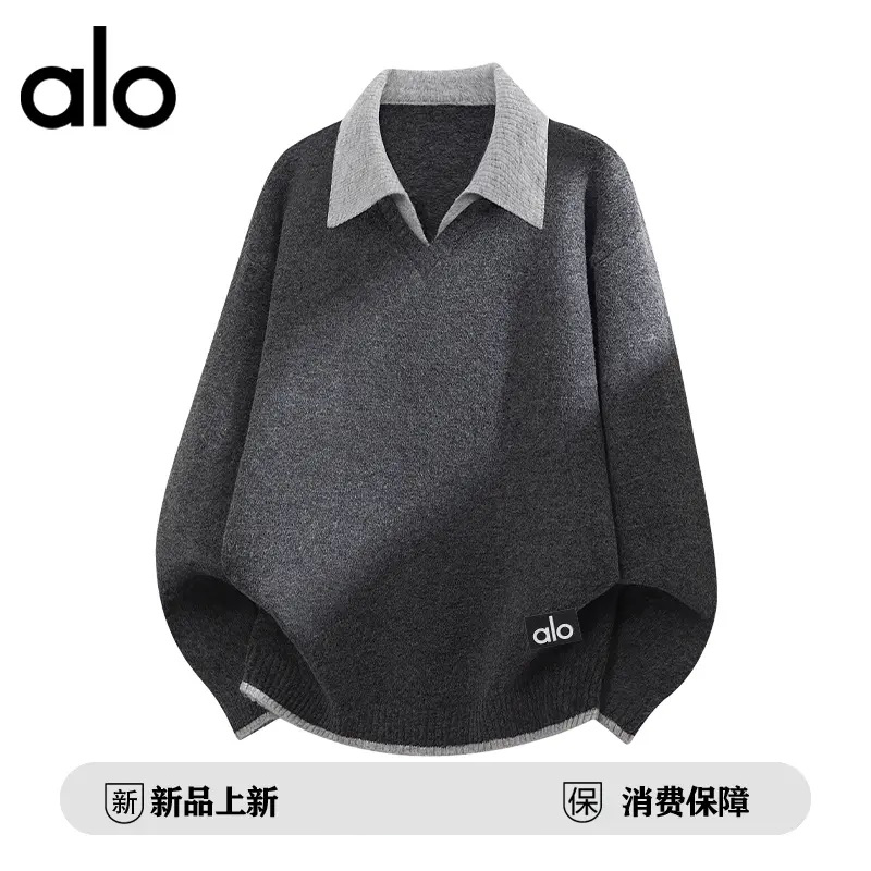 官方奥特莱斯】品牌折扣 情侣假两件翻领毛衣男慵懒风打底针织衫