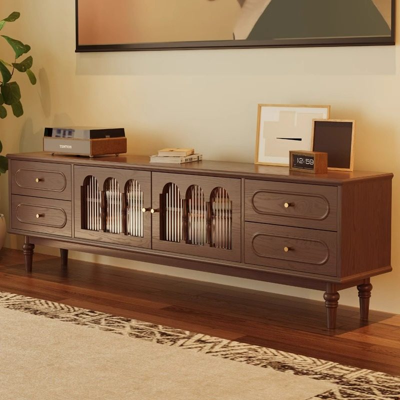 全实木电视柜茶几边柜法式复古客厅落地式胡桃木色地柜矮柜中古风