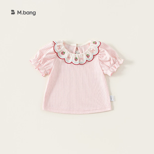 女童短袖花边领甜美草莓粉色衣服女宝T恤夏季小童漂亮套头舒适衣