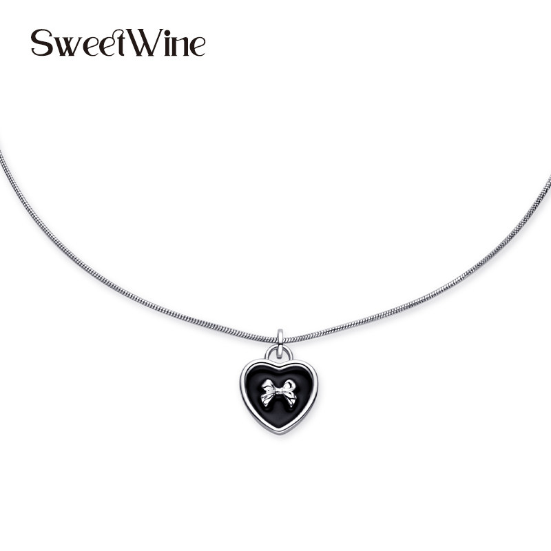 【孟子义同款】SweetWine黑色珐琅爱心蝴蝶结吊坠项链通勤小众