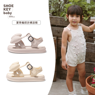 shoekeybaby 女童露趾凉鞋小仙女泡芙蝴蝶结公主沙滩鞋儿童涉水鞋