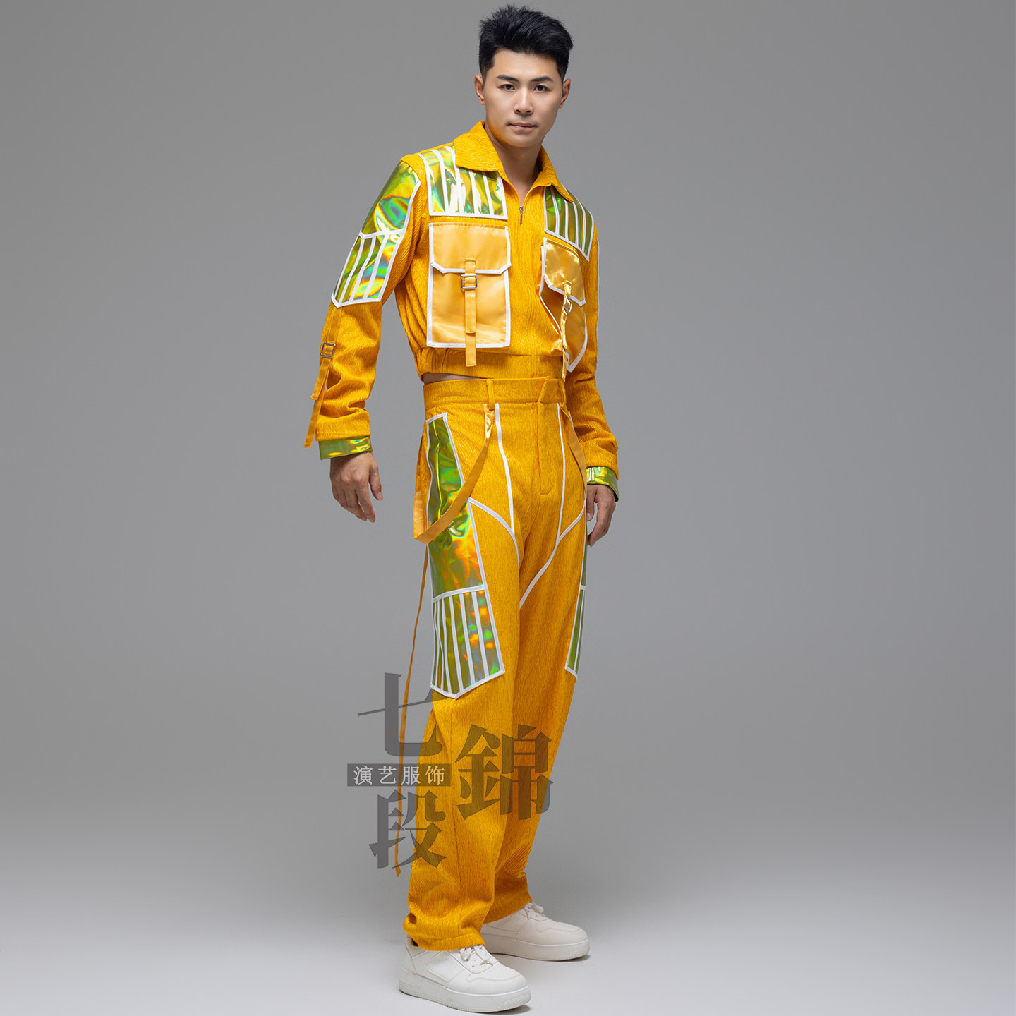现代舞开场舞伴舞劳动畅想曲工人装男款制服黄色舞蹈服装租赁定制