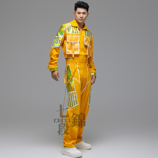 现代舞开场舞伴舞劳动畅想曲工人装男款制服黄色舞蹈服装租赁定制