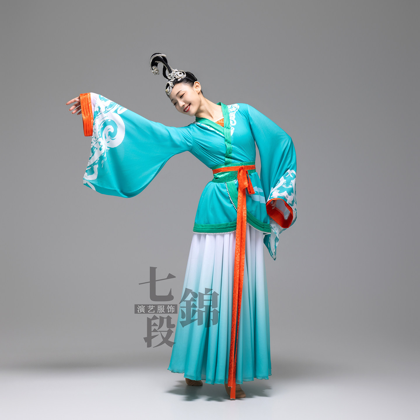 古典舞蹈演出服浣纱同款汉唐女子曲裾印花长裙广袖舞台表演服租赁