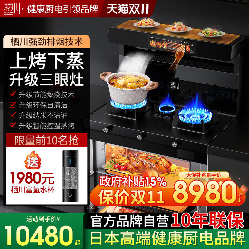 日本栖川三眼灶集成灶蒸烤箱一体上烤下蒸变频XZ-08S家用定时熄火