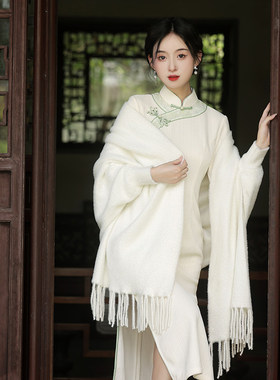 秋冬配旗袍披肩喜婆婆斗篷加厚羊绒貂绒带袖流苏婚礼妈妈外套外搭